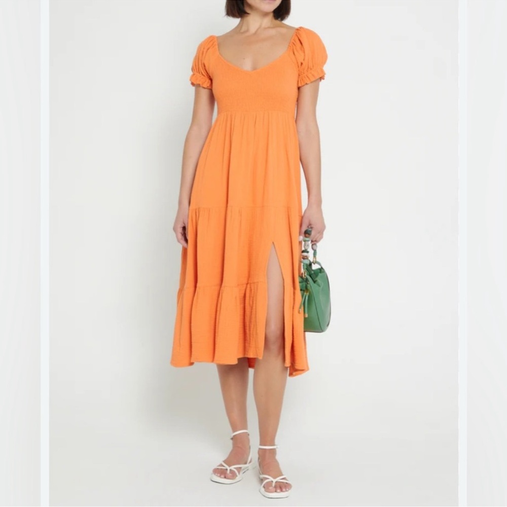 Orange Ruched Tiered puff sleeve V neck Midi Sundress 100% cotton